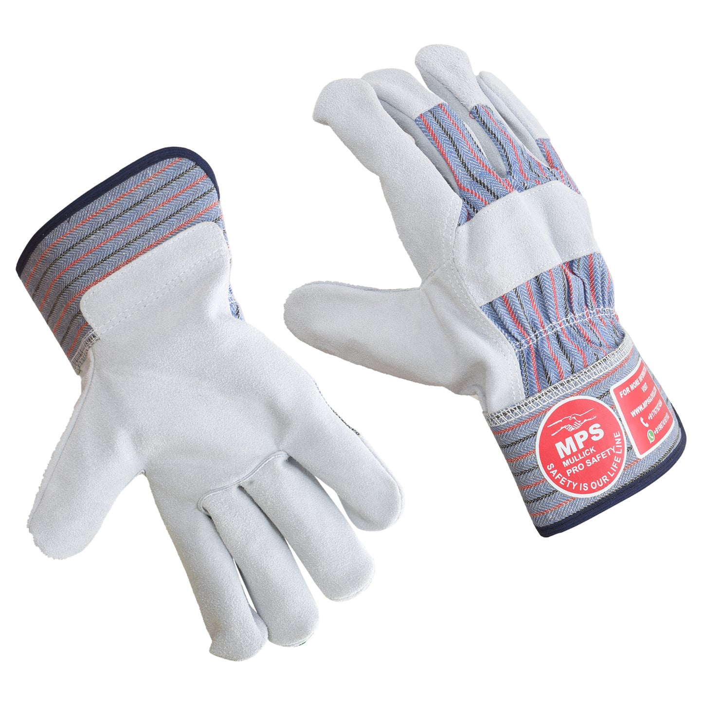 Leather Working Gloves Grey and Blue Strip MPS-105